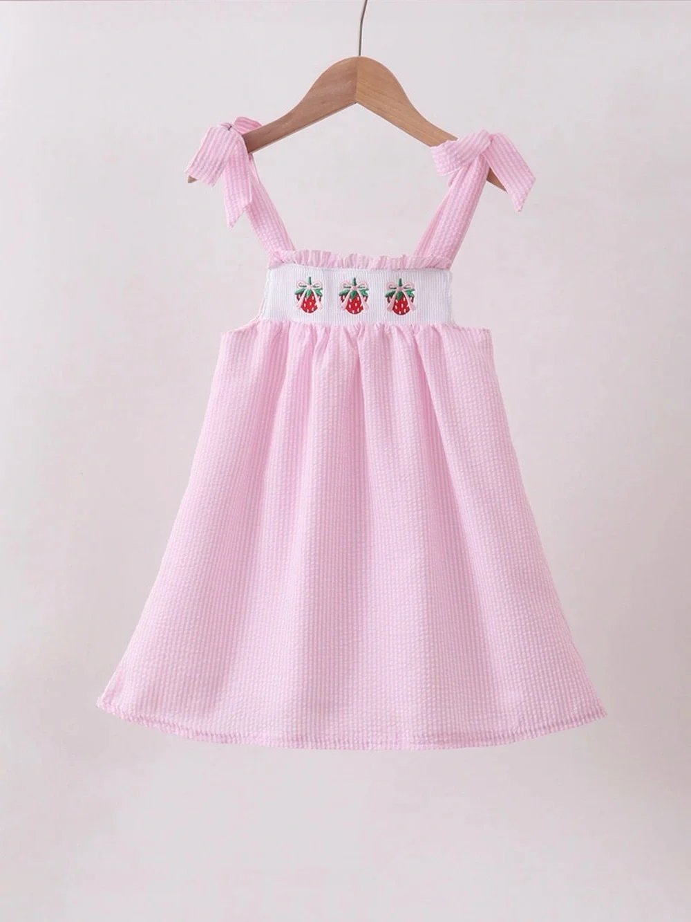 NWT Pink Strawberry Smocked Tie-Shoulder Kids Dress